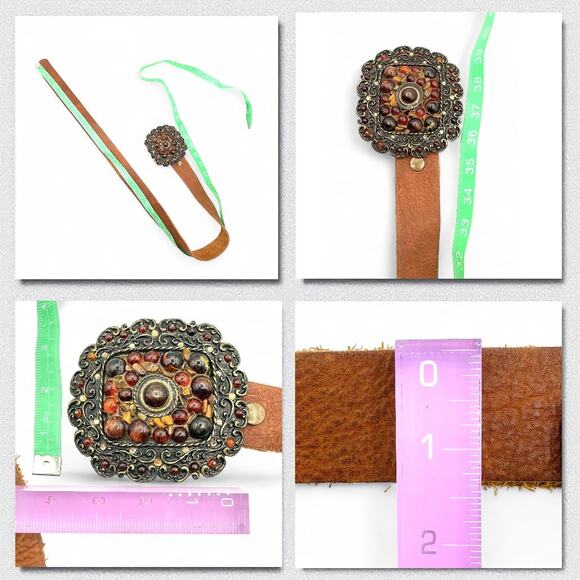 Vintage Handcrafted Beaded Leather Belt Western Boho Rustic Prairie Brass Buckle - Picture 8 of 9